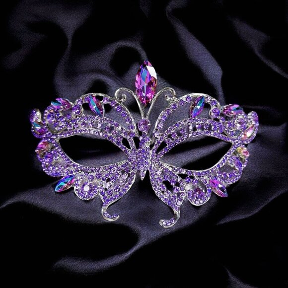 Purple Masquerade Ball Mask, Wedding Mask, Lavender Crystal Mask, Silver Mask - Picture 6 of 9